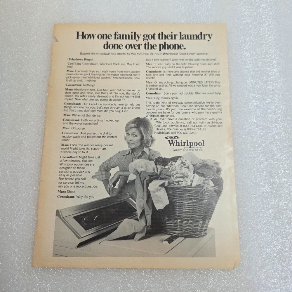 Vintage Print Ad Whirlpool laundry basket blonde woman B&W 8x10.5 1979